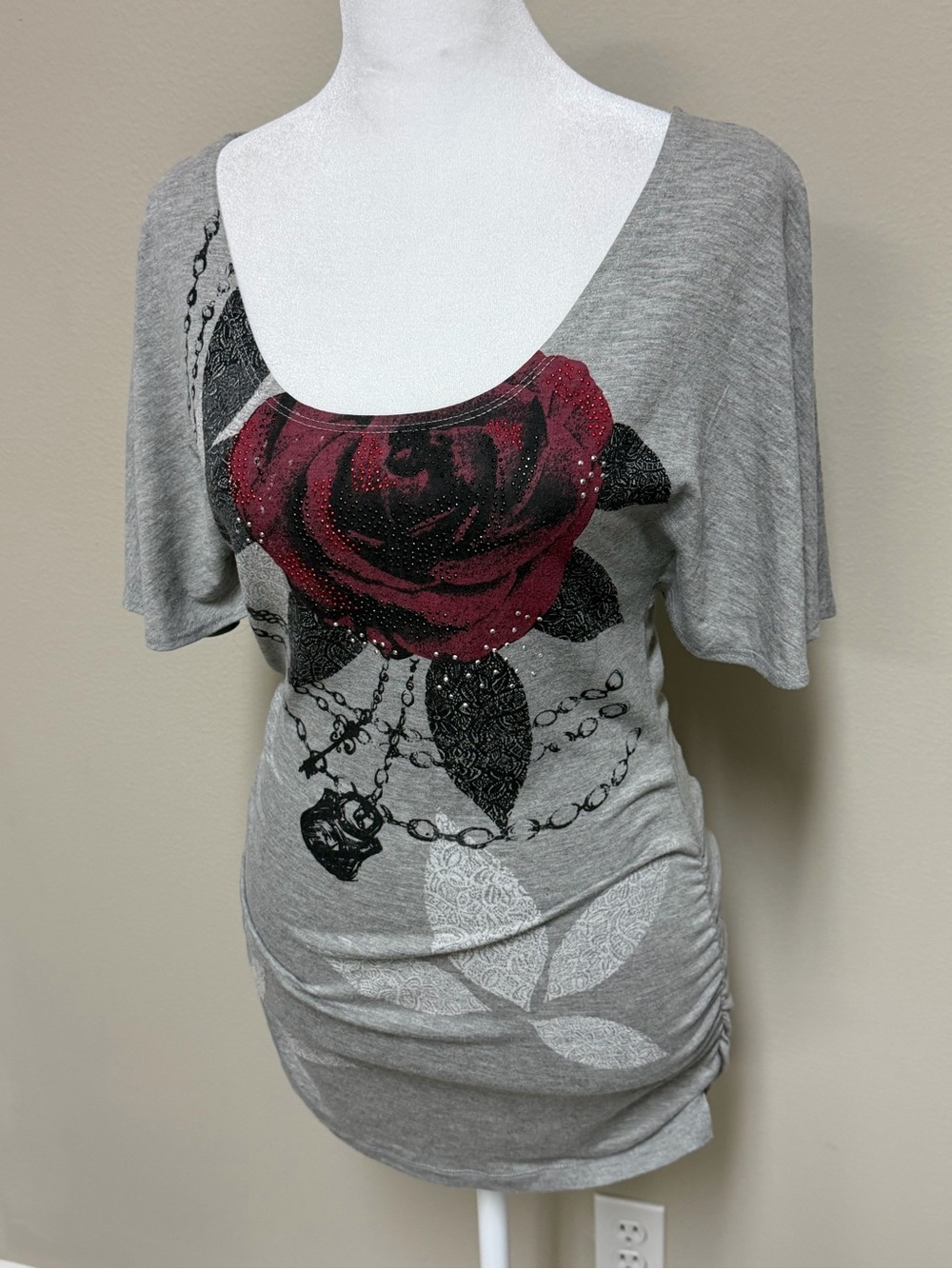 Gothic Rose Embellished Heather Gray Cinched Top Size Small